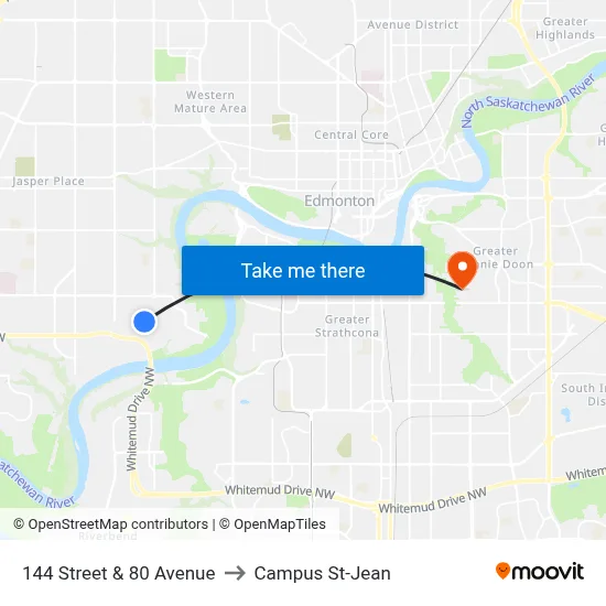 144 Street & 80 Avenue to Campus St-Jean map