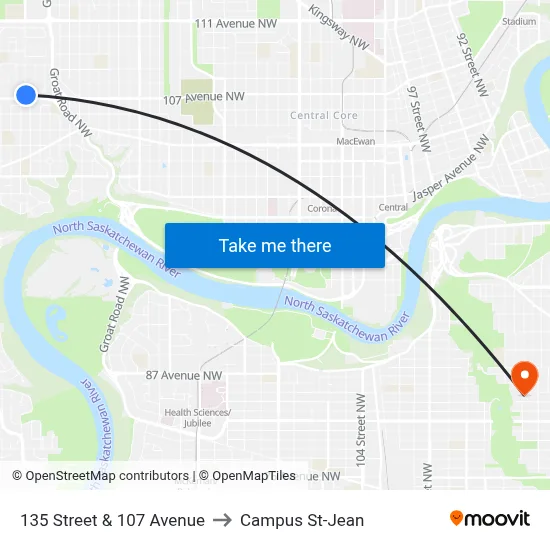 135 Street & 107 Avenue to Campus St-Jean map