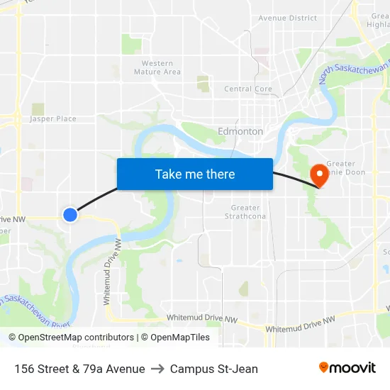 156 Street & 79a Avenue to Campus St-Jean map