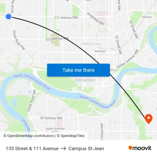 135 Street & 111 Avenue to Campus St-Jean map
