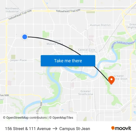 156 Street & 111 Avenue to Campus St-Jean map