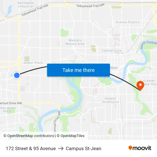 172 Street & 95 Avenue to Campus St-Jean map