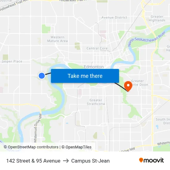 142 Street & 95 Avenue to Campus St-Jean map