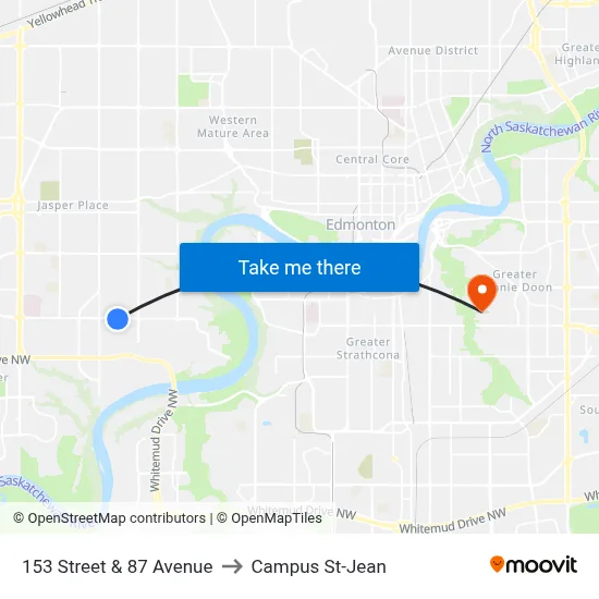 153 Street & 87 Avenue to Campus St-Jean map