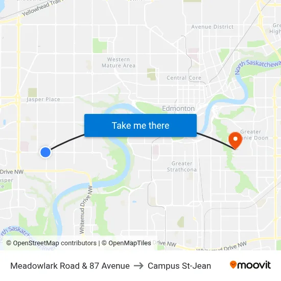 Meadowlark Road & 87 Avenue to Campus St-Jean map