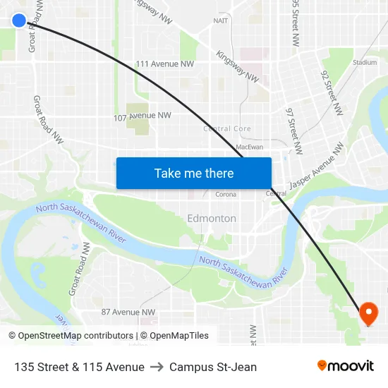 135 Street & 115 Avenue to Campus St-Jean map