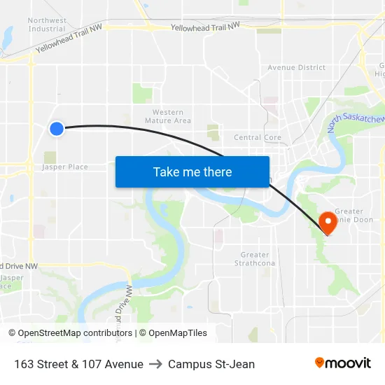 163 Street & 107 Avenue to Campus St-Jean map