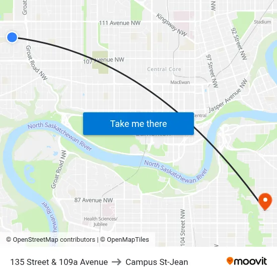135 Street & 109a Avenue to Campus St-Jean map
