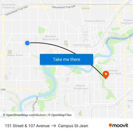 151 Street & 107 Avenue to Campus St-Jean map