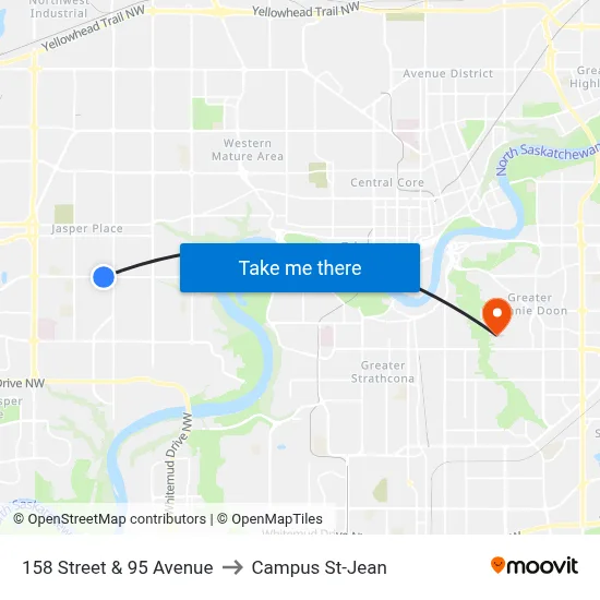 158 Street & 95 Avenue to Campus St-Jean map