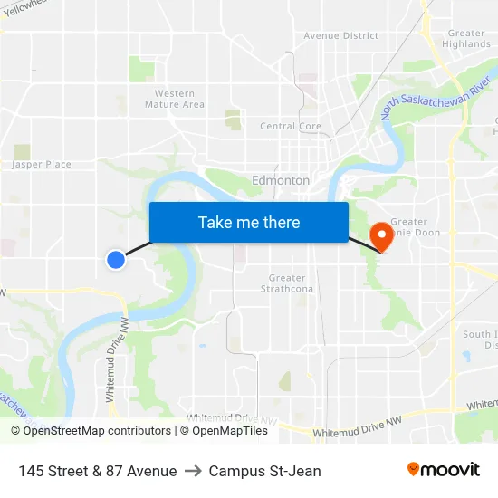 145 Street & 87 Avenue to Campus St-Jean map