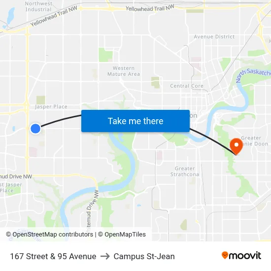 167 Street & 95 Avenue to Campus St-Jean map