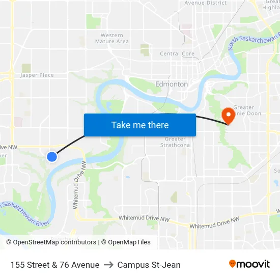 155 Street & 76 Avenue to Campus St-Jean map
