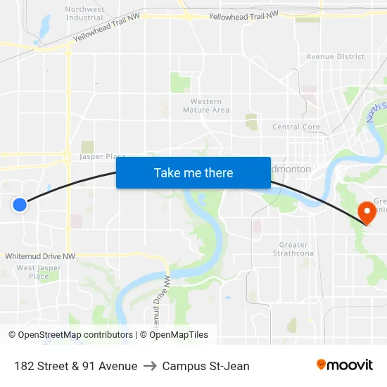 182 Street & 91 Avenue to Campus St-Jean map