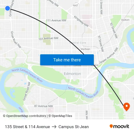 135 Street & 114 Avenue to Campus St-Jean map