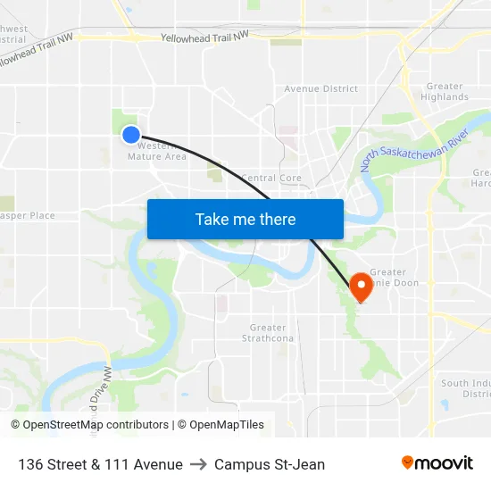 136 Street & 111 Avenue to Campus St-Jean map