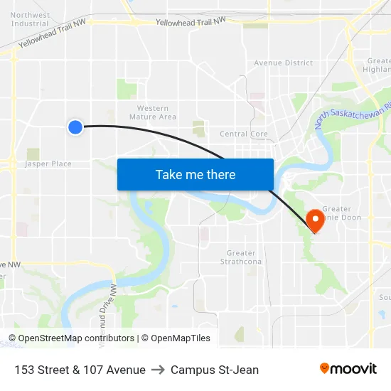 153 Street & 107 Avenue to Campus St-Jean map