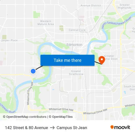 142 Street & 80 Avenue to Campus St-Jean map