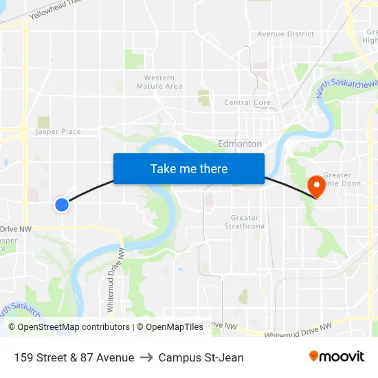 159 Street & 87 Avenue to Campus St-Jean map