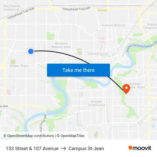 153 Street & 107 Avenue to Campus St-Jean map