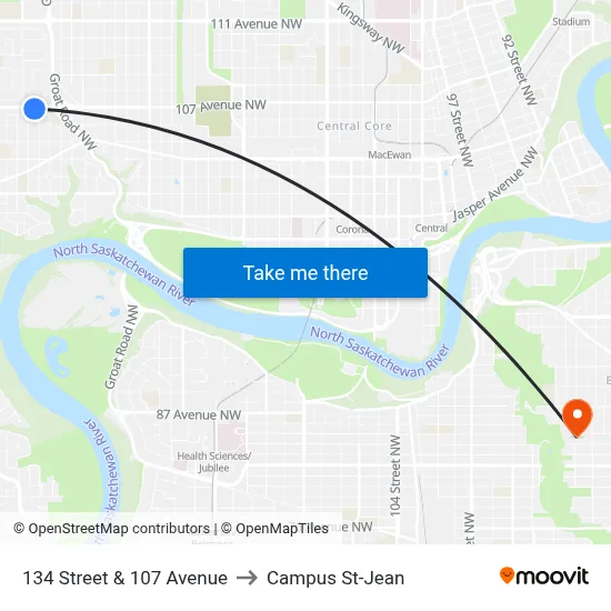 134 Street & 107 Avenue to Campus St-Jean map