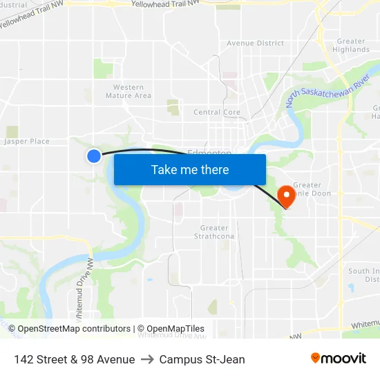 142 Street & 98 Avenue to Campus St-Jean map