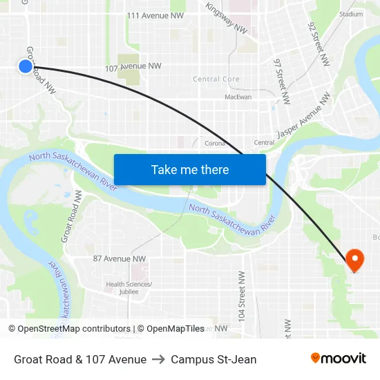 Groat Road & 107 Avenue to Campus St-Jean map