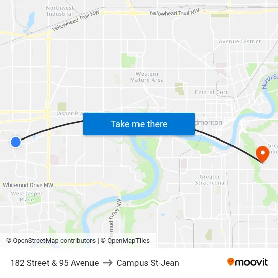 182 Street & 95 Avenue to Campus St-Jean map