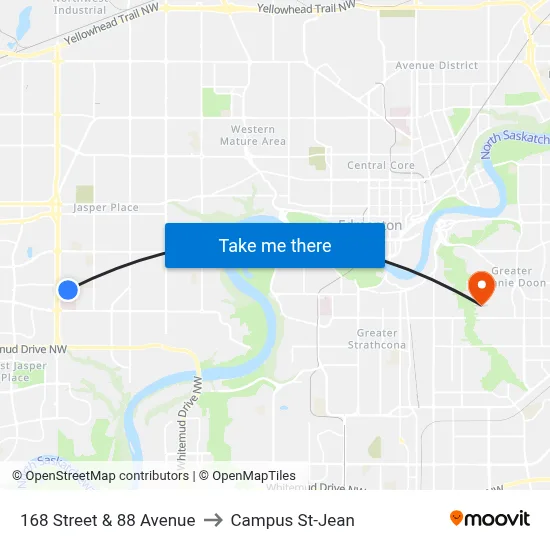 168 Street & 88 Avenue to Campus St-Jean map