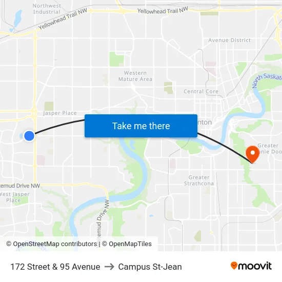 172 Street & 95 Avenue to Campus St-Jean map
