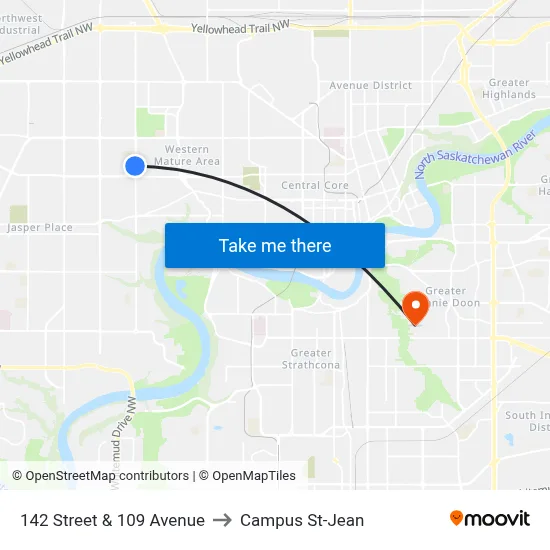 142 Street & 109 Avenue to Campus St-Jean map