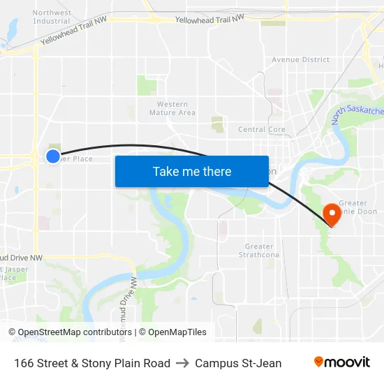 166 Street & Stony Plain Road to Campus St-Jean map