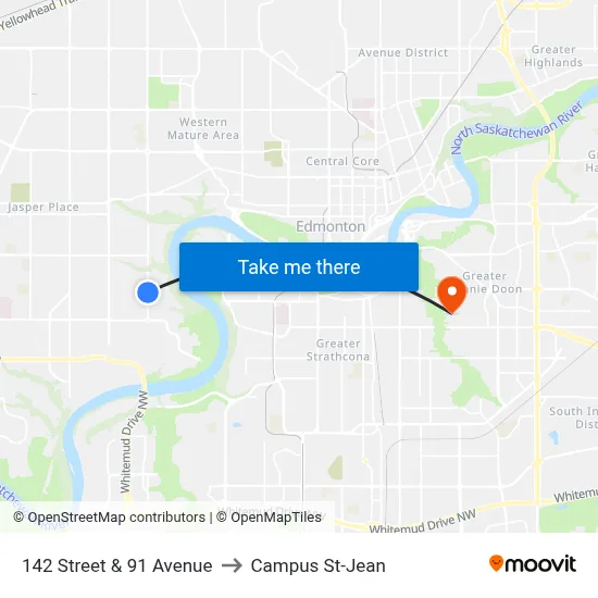 142 Street & 91 Avenue to Campus St-Jean map