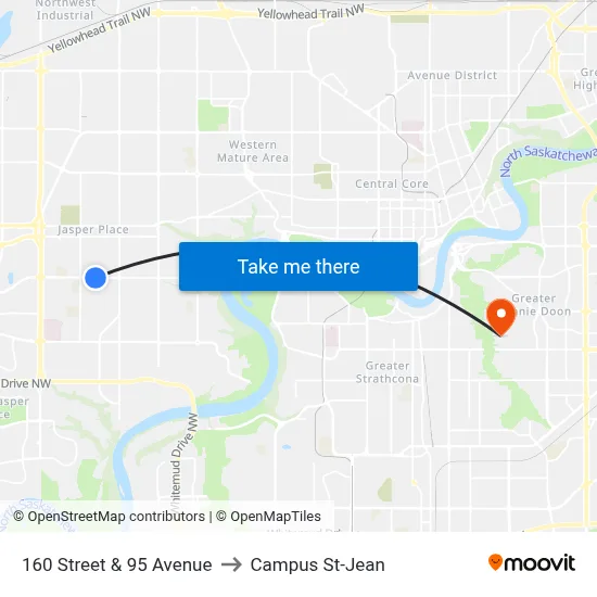 160 Street & 95 Avenue to Campus St-Jean map