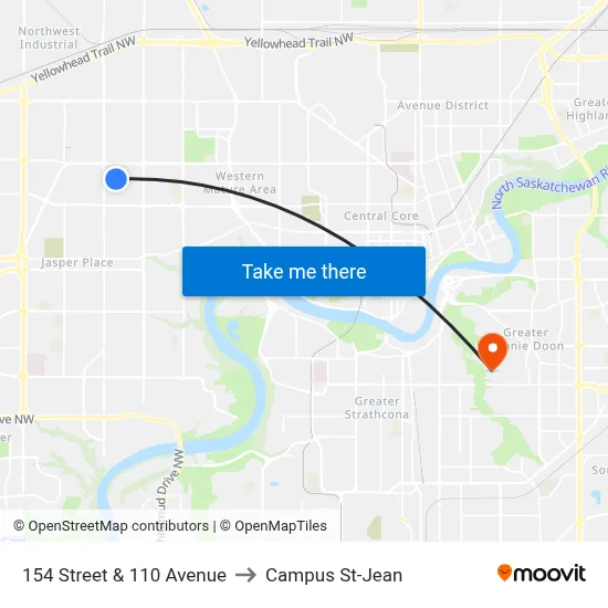 154 Street & 110 Avenue to Campus St-Jean map