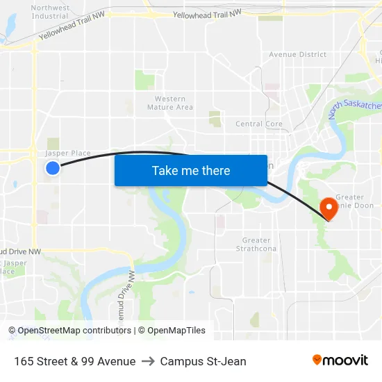 165 Street & 99 Avenue to Campus St-Jean map