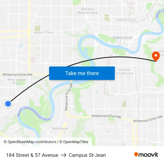 184 Street & 57 Avenue to Campus St-Jean map