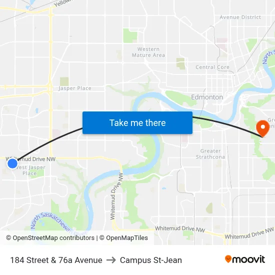 184 Street & 76a Avenue to Campus St-Jean map