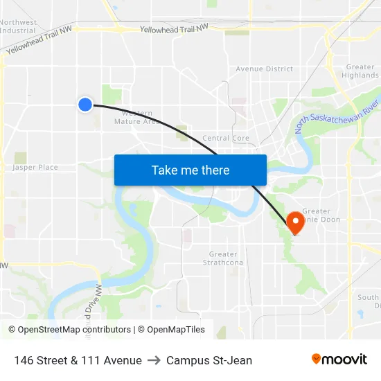 146 Street & 111 Avenue to Campus St-Jean map