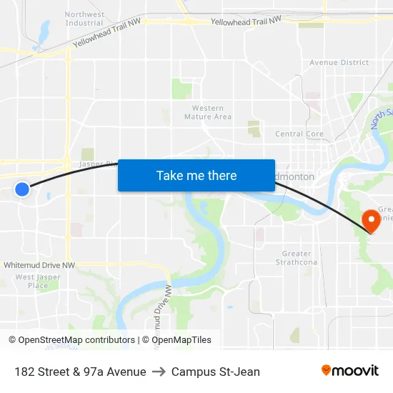 182 Street & 97a Avenue to Campus St-Jean map