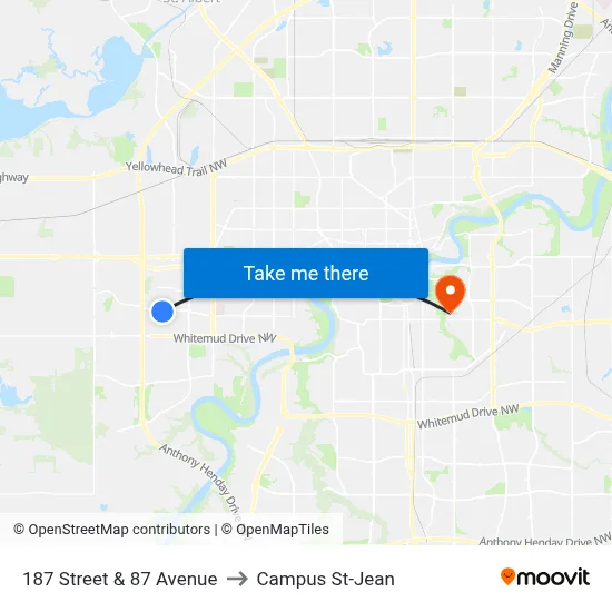 187 Street & 87 Avenue to Campus St-Jean map