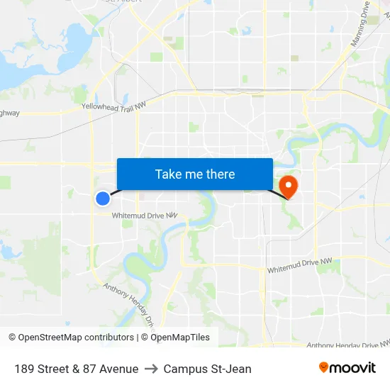 189 Street & 87 Avenue to Campus St-Jean map