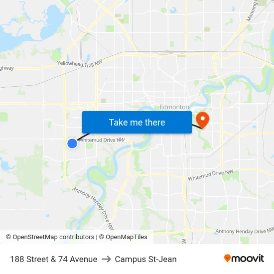 188 Street & 74 Avenue to Campus St-Jean map