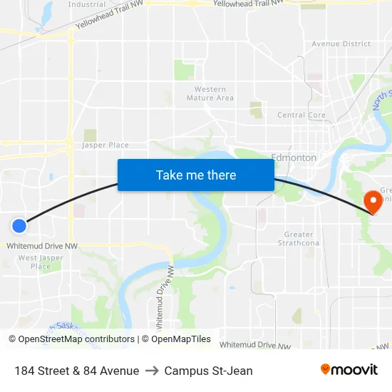 184 Street & 84 Avenue to Campus St-Jean map