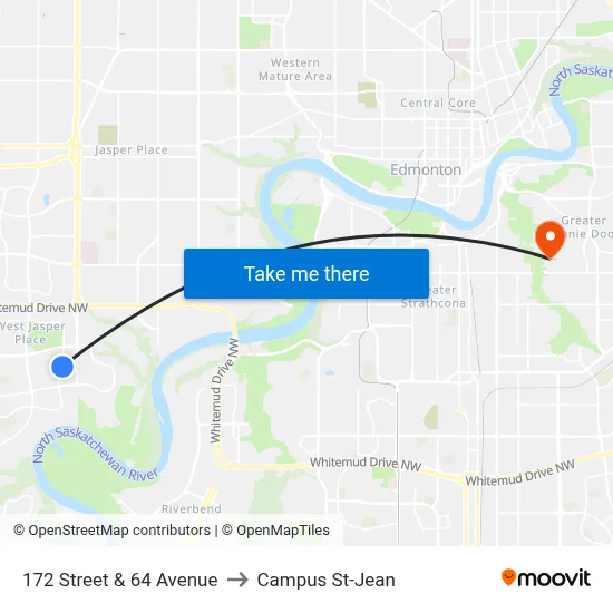 172 Street & 64 Avenue to Campus St-Jean map
