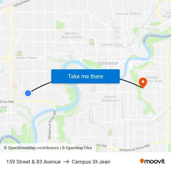 159 Street & 83 Avenue to Campus St-Jean map
