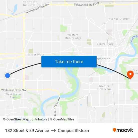 182 Street & 89 Avenue to Campus St-Jean map