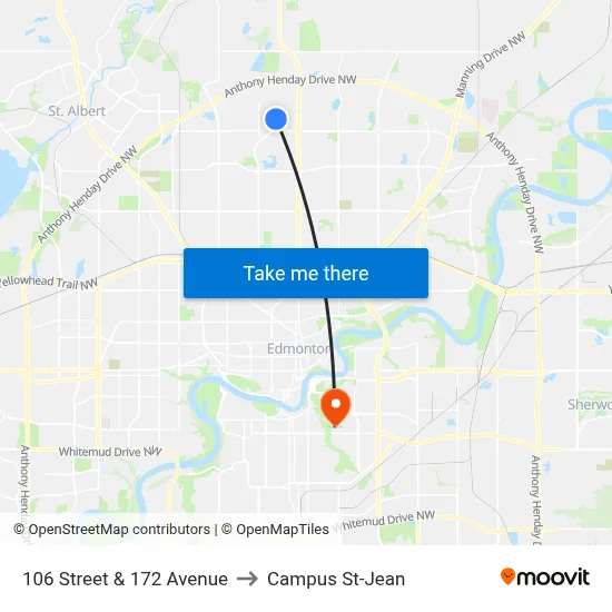 106 Street & 172 Avenue to Campus St-Jean map