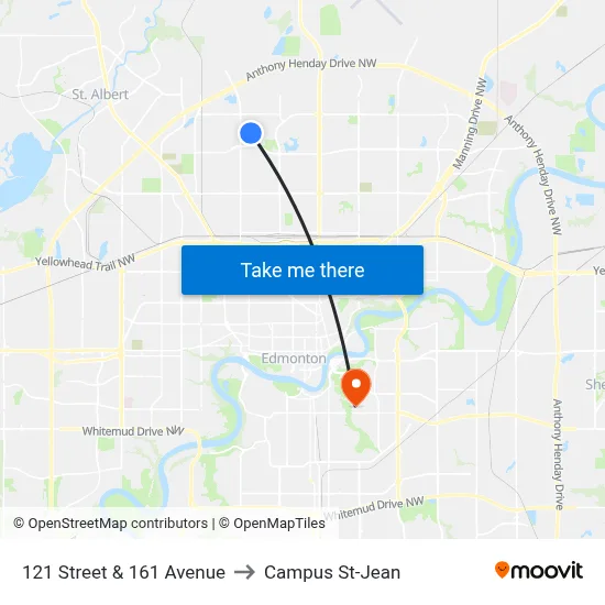 121 Street & 161 Avenue to Campus St-Jean map