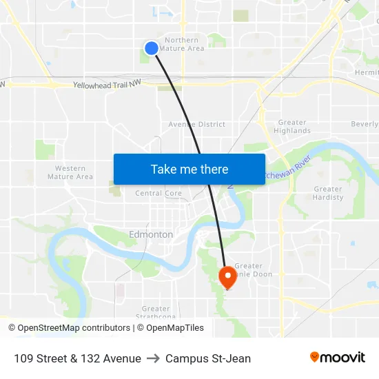 109 Street & 132 Avenue to Campus St-Jean map